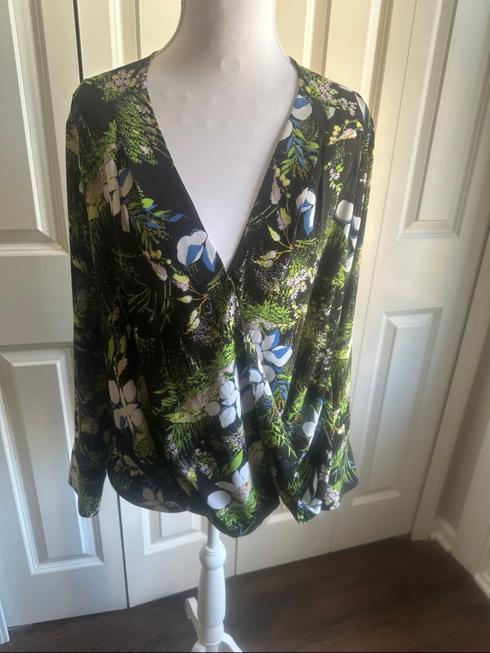 Halogen Black Floral Surplice Blouse with Green Accents